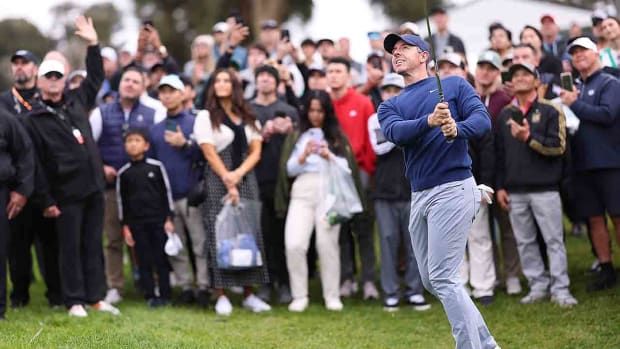 Rory McIlroy watches a shot in the final round of the 2024 Genesis Invitational at Riviera Country Club in Pacific Palisades, Calif.